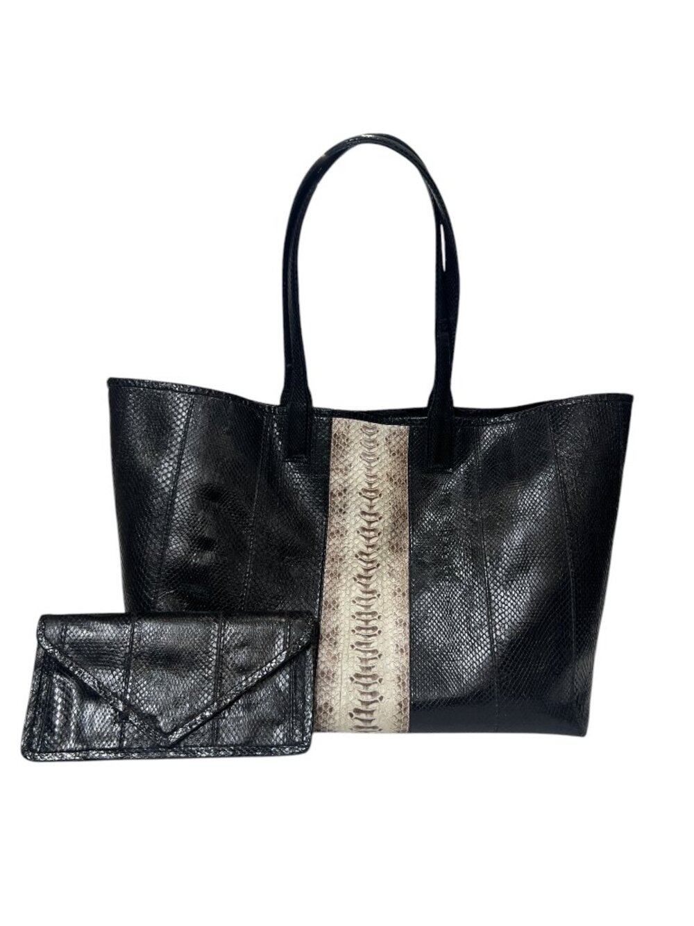 $995 BEIRN Black Leather Snake Print Tote Bag W/ POUCH